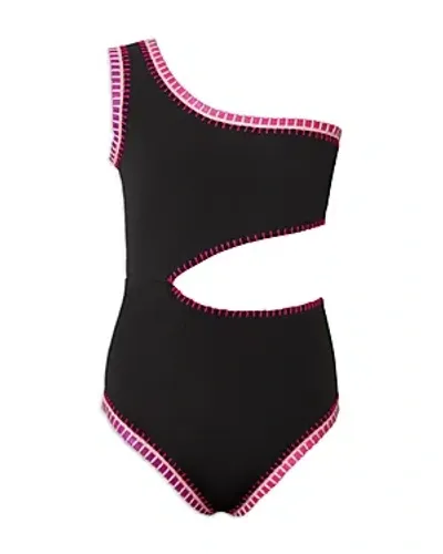 Pq Swim Girls' Rainbow Embroidered Cutout One Piece Swimsuit - Little Kid, Big Kid In Black Pier