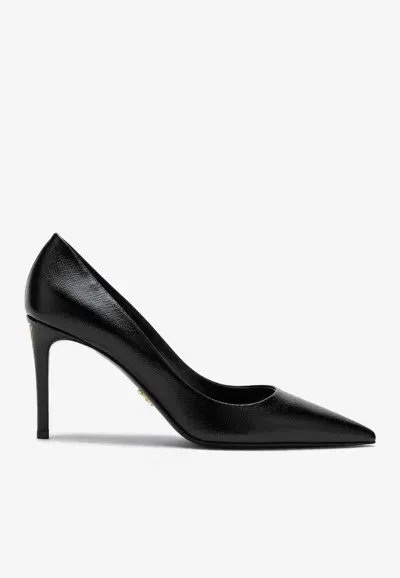 Prada 90mm Saffiano Leather Pumps In Black