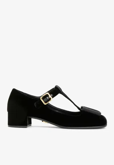 Prada Block Heel Velvet Pumps In Black