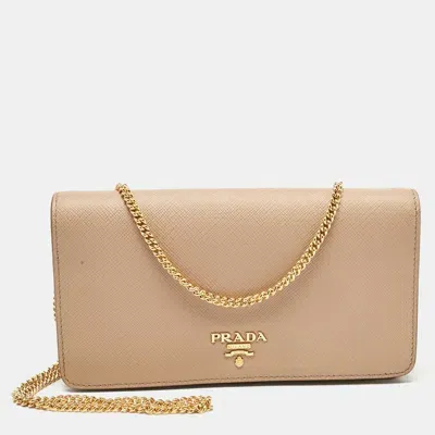 Pre-owned Prada Beige Saffiano Leather Flap Wallet On Chain