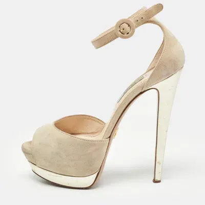 Pre-owned Prada Beige Suede Platform Ankle Strap Sandals Size 38