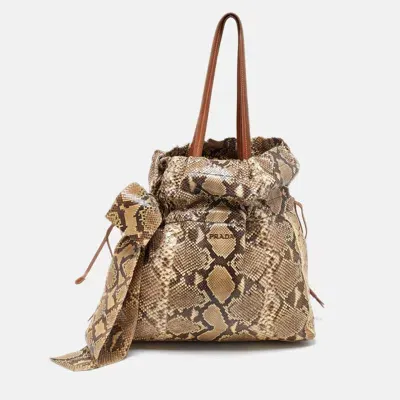 Pre-owned Prada Beige/brown Python And Leather Bow Drawstring Tote