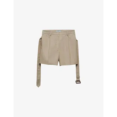 Prada Womens Neutral Belted-waist High-rise Cotton Bermuda Shorts