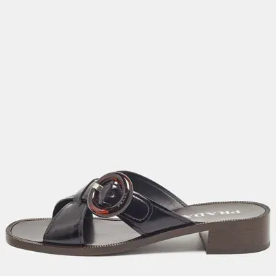 Pre-owned Prada Black Leather Slide Sandals Size 41