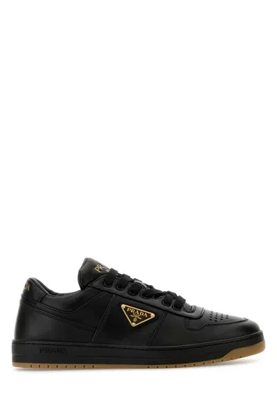 Prada Enamel-triangle Leather Sneakers In Black