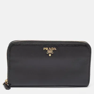 Pre-owned Prada Black Saffiano Lux Leather Zip Continental Wallet