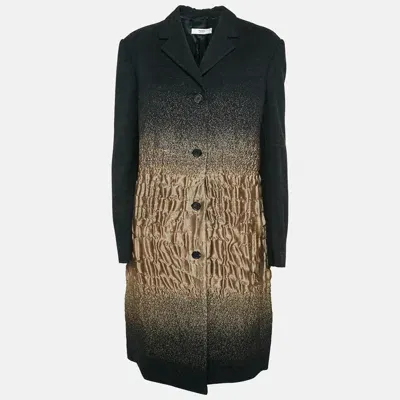 Pre-owned Prada Black/brown Textured Wool Blend Long Coat L