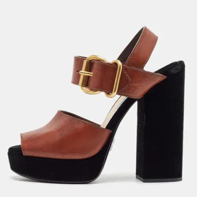 Pre-owned Prada Black/brown Velvet And Leather Cutout Accent Platform Block Heel Ankle Strap Sandals Size 37