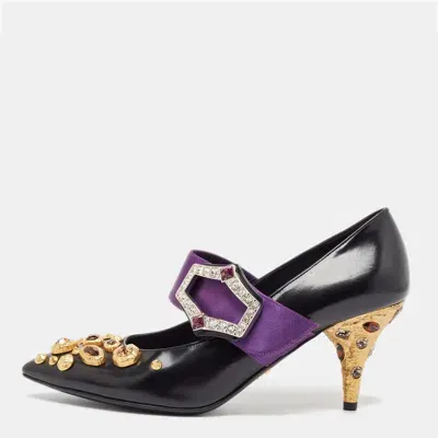 Pre-owned Prada Black/purple Leather And Satin Crystal Embellished Mary Jane Pumps Size 38