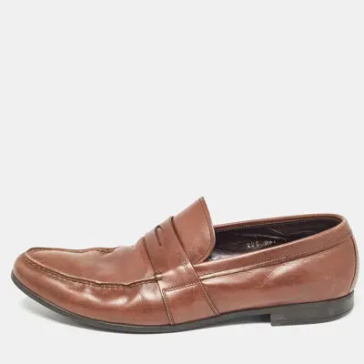 Pre-owned Prada Brown Leather Penny Slip On Loafers Size 43