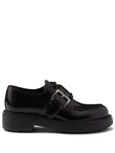 Prada Leather Belted Lace-up Loafers In Black