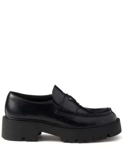 Prada Brushed Leather Loafers In Schwarz