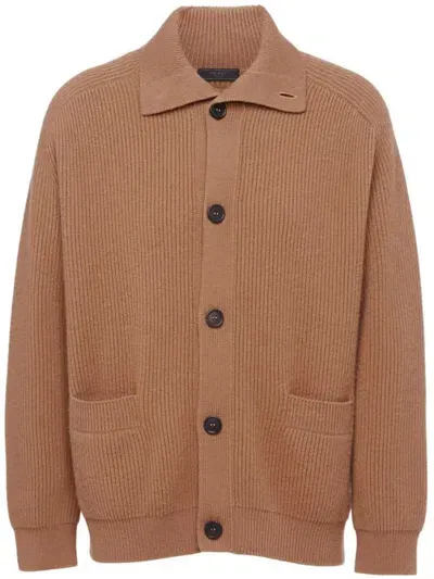 Prada Ribbed Cashmere Cardigan In Brown