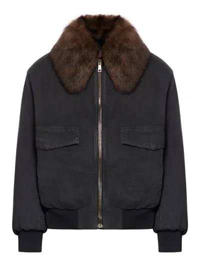 Prada Cotton Blouson With Shearling Collar In Black