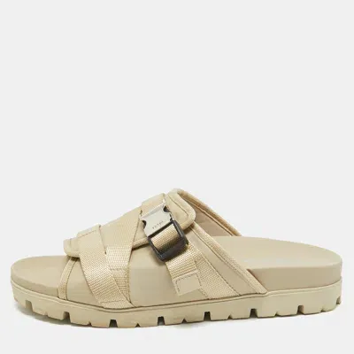 Pre-owned Prada Cream Canvas Neoprene Flat Sandals Size 43