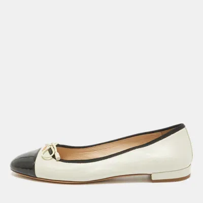 Pre-owned Prada Cream/black Leather Cap Toe Ballet Flats Size 37