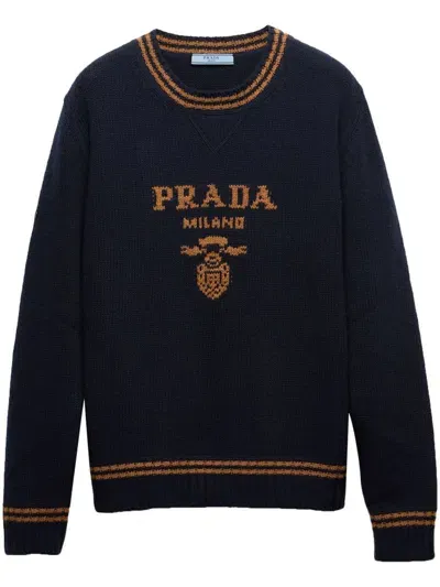 Prada Crew-neck Cashmere Jumpe In Blu+tabacco