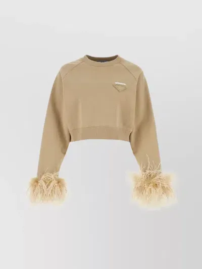 Prada Crew-neck Sweatshirt With Feather Trim In Beige