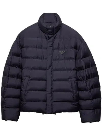 Prada Cropped Technical Down Jacket In Blue