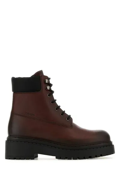 Prada Leather Ankle Booties In Brown