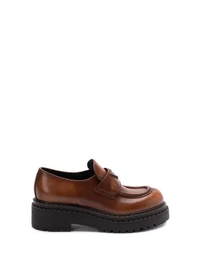 Prada `double Chocolate` Brushed Leather Loafers In Cognac