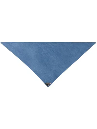 Prada Enamel Triangle Logo Denim Scarf In Blue