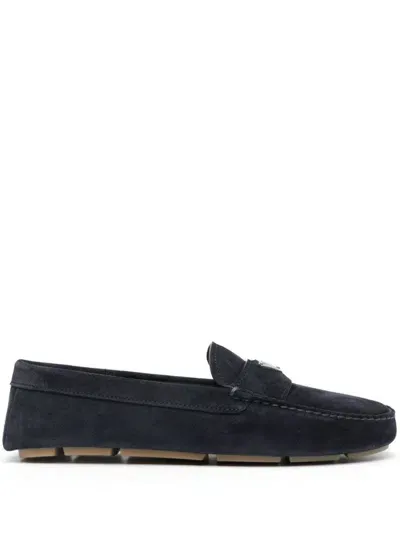 Prada Enamel-triangle-logo Suede Loafers In Blue