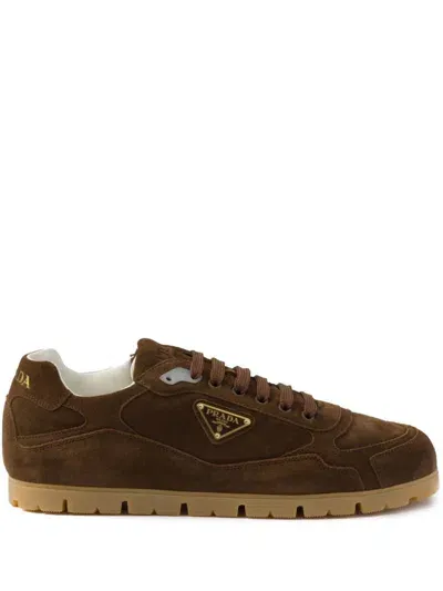 Prada Faded Suede Sneakers In Dark Brown