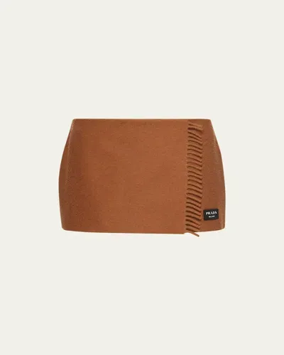 Prada Fringed Cashmere Miniskirt In F0046 Cognac