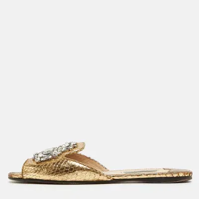 Pre-owned Prada Gold Embossed Python Crystal Embellished Flat Slides Size 38