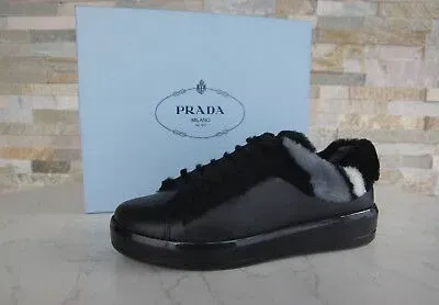 Pre-owned Prada Gr 36 Sneakers Fell Schuhe Schnürschuhe Schaffell Schwarz Neu Ehemuvp 570€