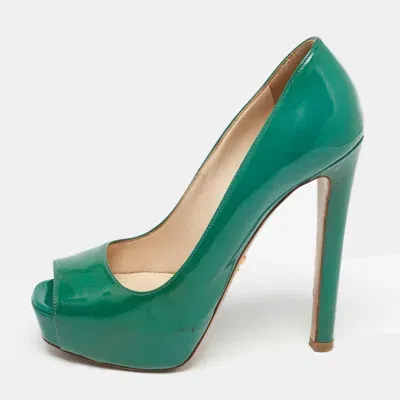 Pre-owned Prada Green Patent Leather Peep Toe Pumps Size 36