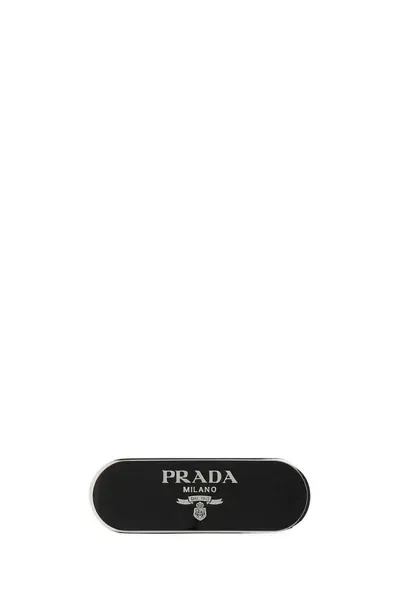 Prada Black Metal Hair Clip In Silver