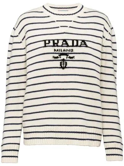 Prada Intarsia-logo Striped Cashmere Jumper In White