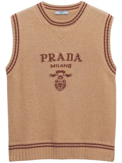 Prada Intarsia Ribbed Vest In Cammello+amaranto