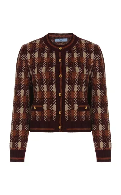 Prada Jacquard-checked Wool Cardigan In Burgundy