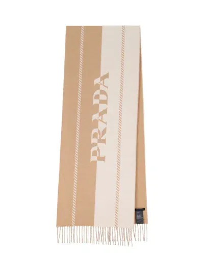 Prada Wool Jacquard Logo Scarf In Beige