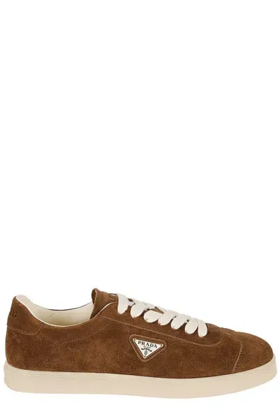 Prada Lane Logo Plaque Sneakers In Brown