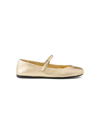 Prada Leather Ballerina Shoes In Gold