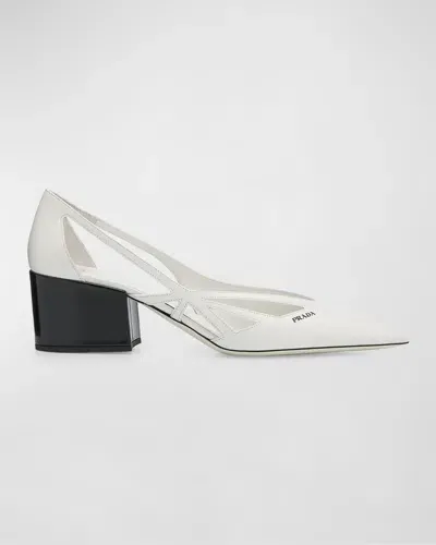 Prada Leather Cutout Block-heel Pumps In Bianco