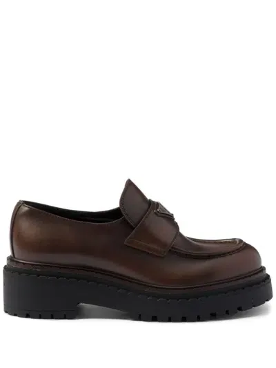 Prada Triangle-logo Leather Loafers In Brown