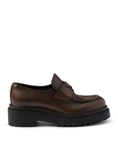 Prada Chocolate Leather Loafers In Brown