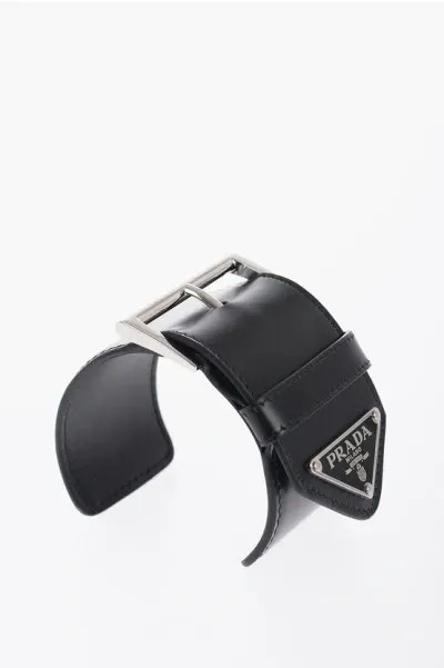 Prada Leather Open Bangle Bracelet With Silver-tone Buckle In Black