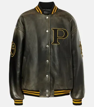 Prada Leather Varsity Jacket In Black