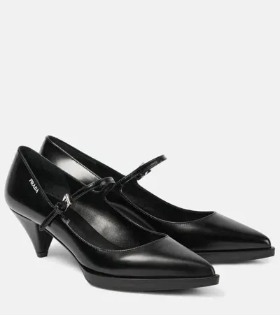 Prada Logo Brushed Leather Mary Jane Pumps In Black