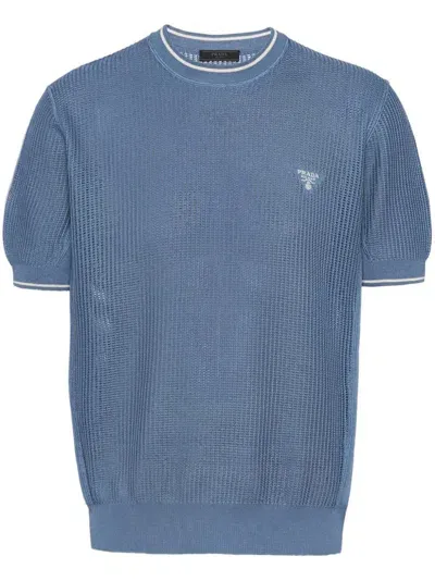 Prada Logo-embroidered Open-knit T-shirt In Blue