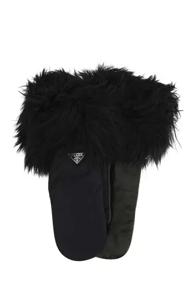 Prada Logo Plaque Fax Fur Gloves In Black