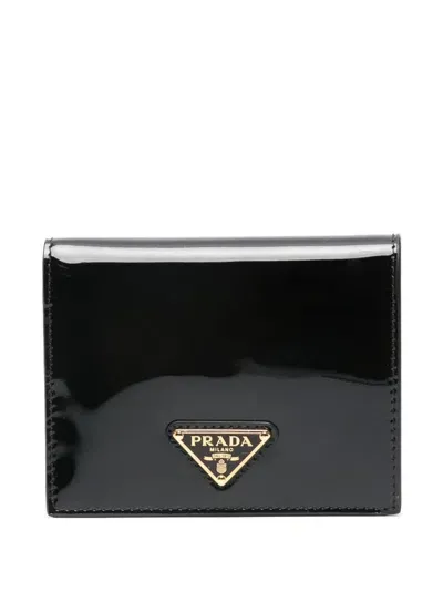 Prada Logo-plaque High-shine Finish Leather Wallet In Black