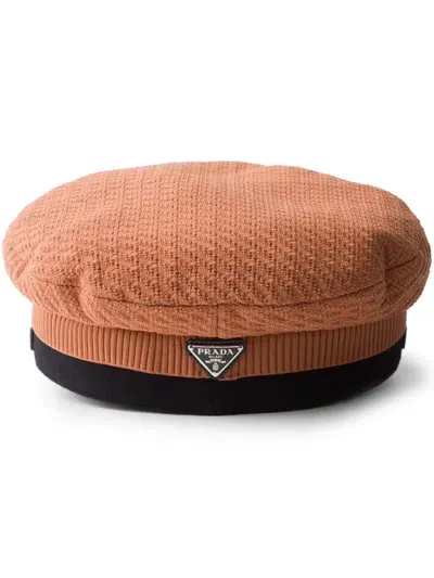 Prada Logo-plaque Knitted Beret In Orange