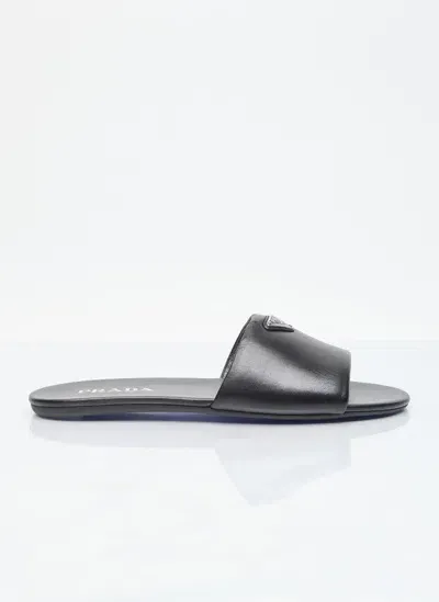 Prada Logo Plaque Leather Slides In Black